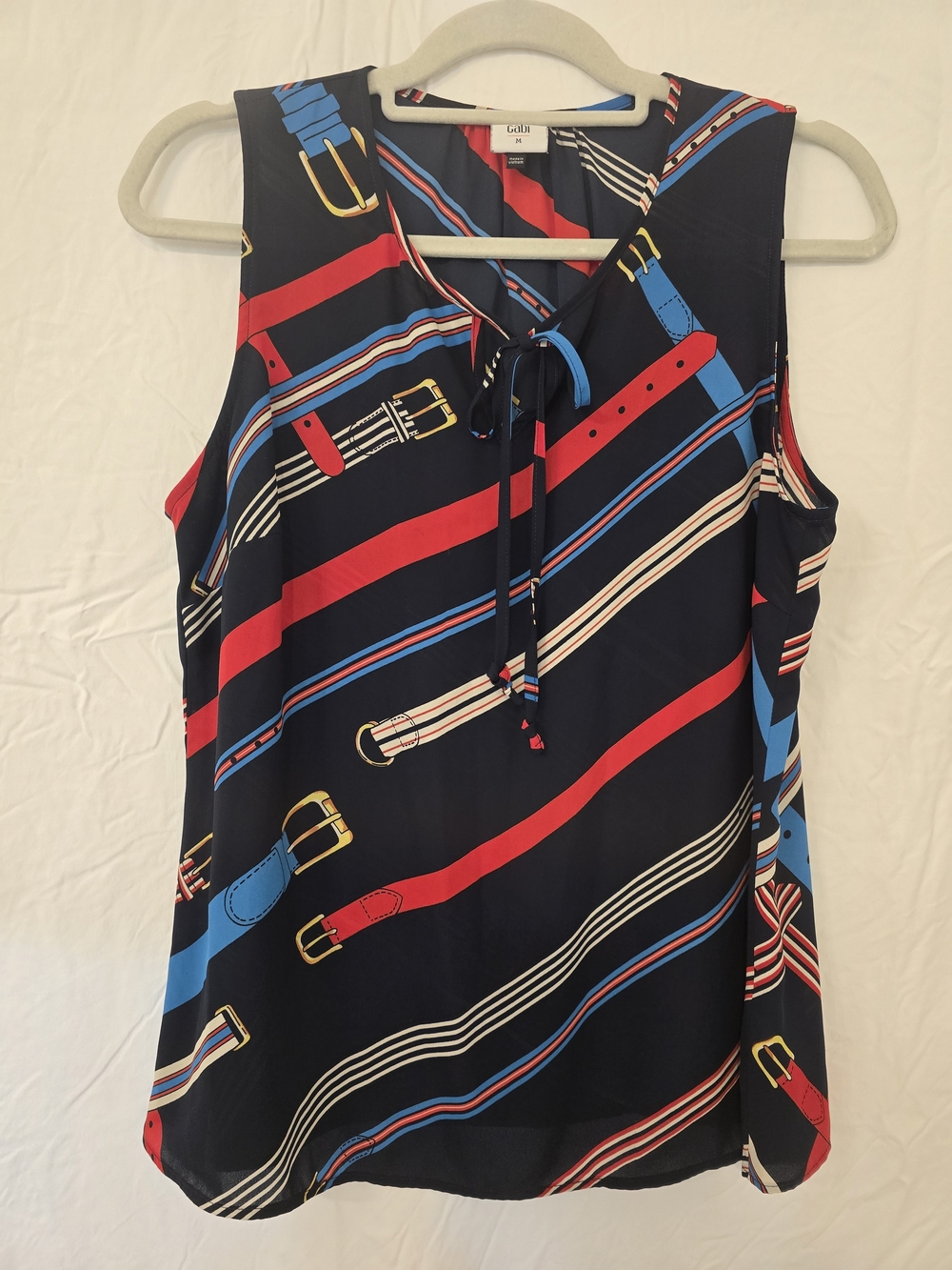 CAbi Navy Red and Blue Belt-Print Tie-Neck Tank
